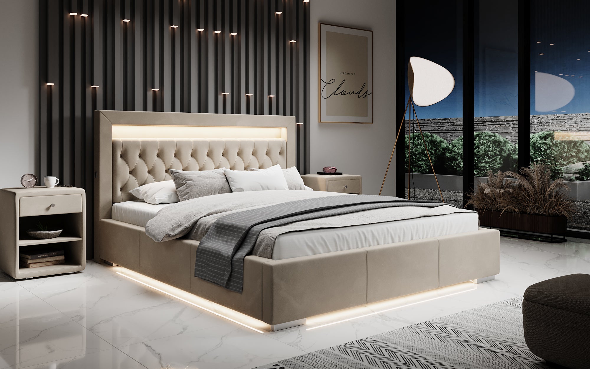 Designer Polsterbett Ida inkl. RGB, USB an Stauraum
