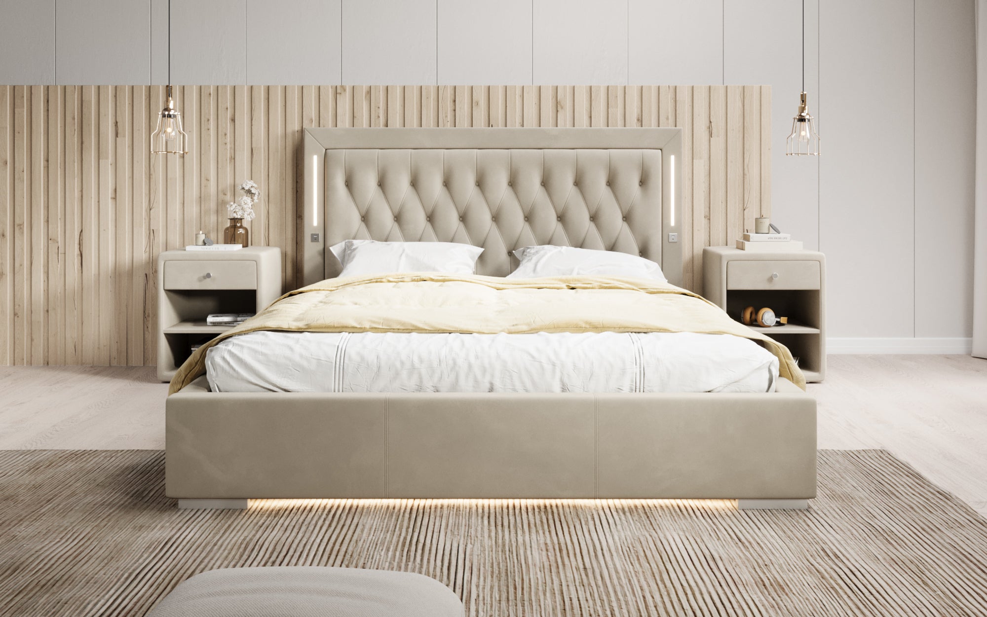 Designer Polsterbett Relina inkl. RGB, USB an Stauraum