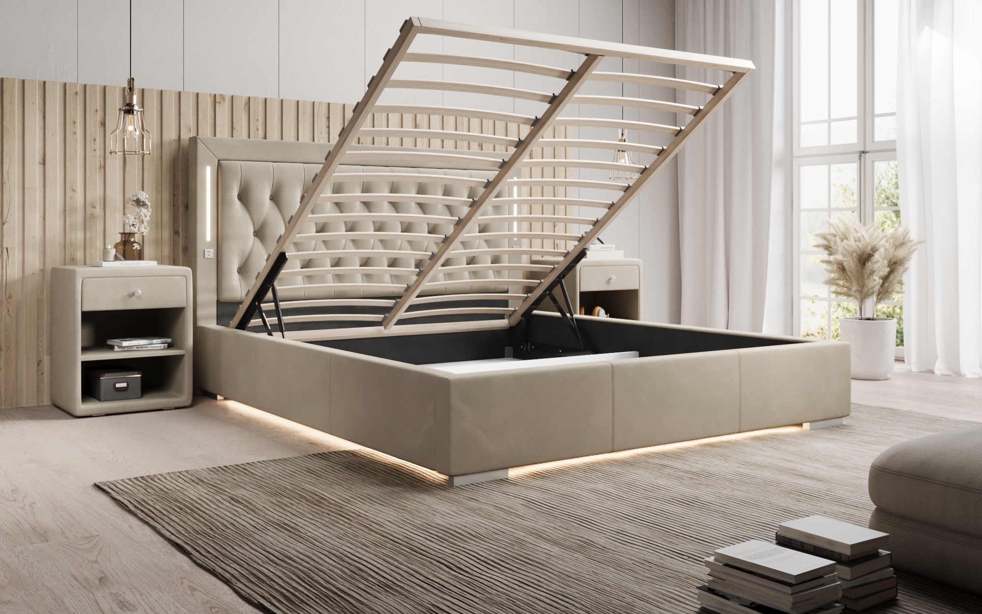 Designer Polsterbett Relina inkl. RGB, USB an Stauraum