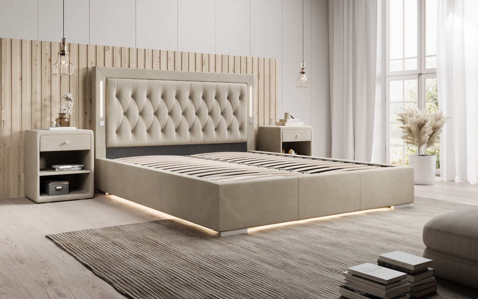Designer Polsterbett Relina inkl. RGB, USB an Stauraum