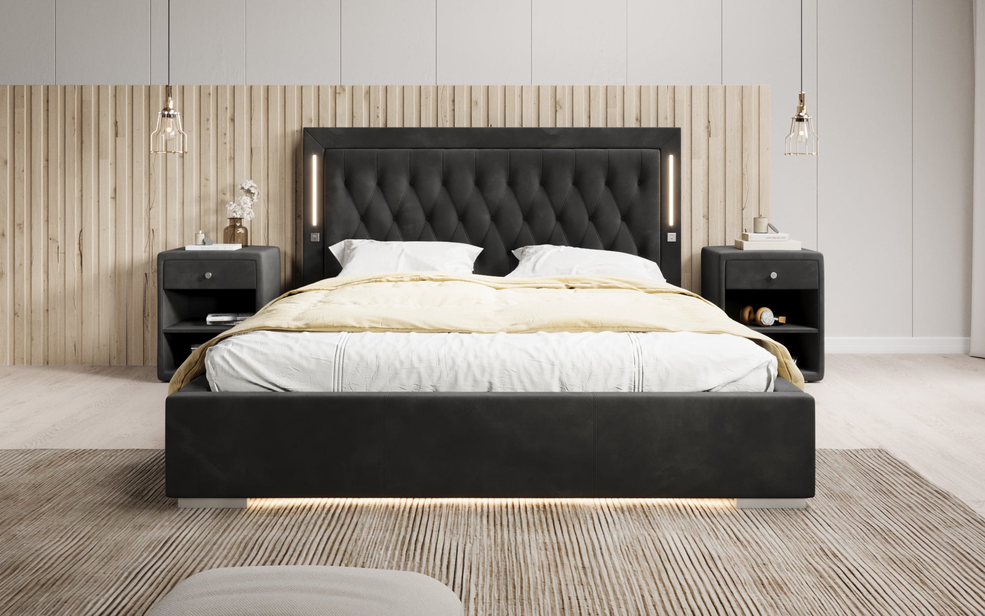 Designer Polsterbett Relina inkl. RGB, USB an Stauraum