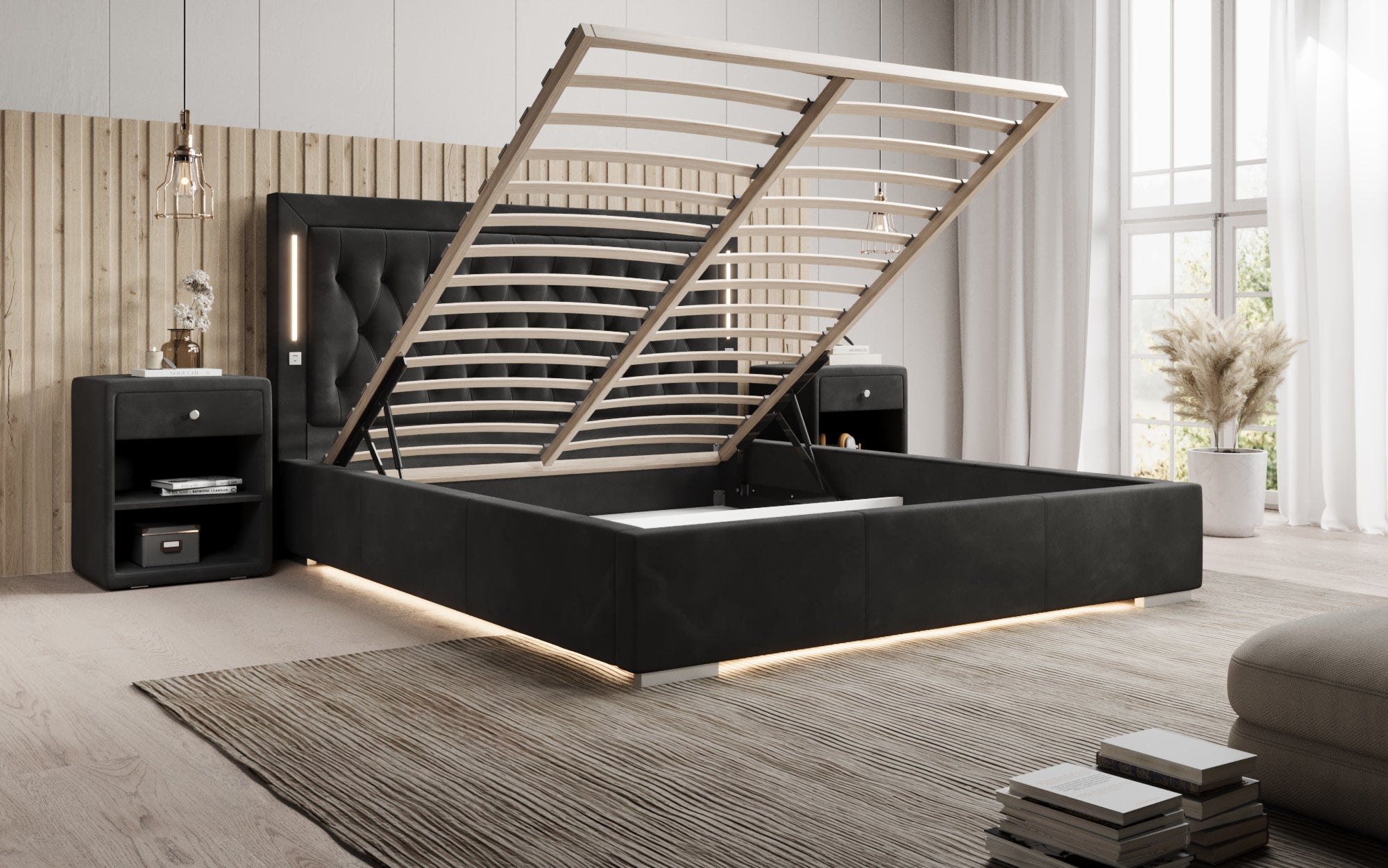 Designer Polsterbett Relina inkl. RGB, USB an Stauraum