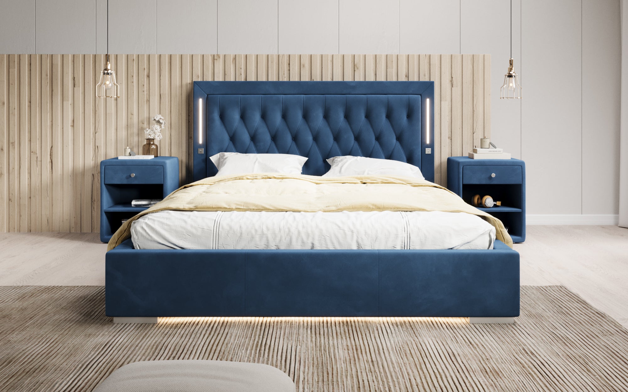 Designer Polsterbett Relina inkl. RGB, USB an Stauraum