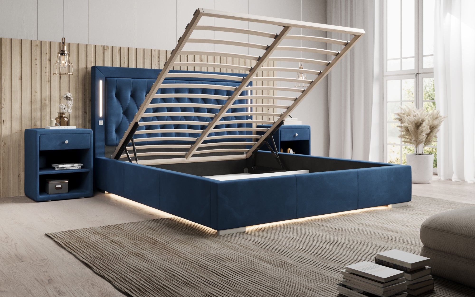 Designer Polsterbett Relina inkl. RGB, USB an Stauraum