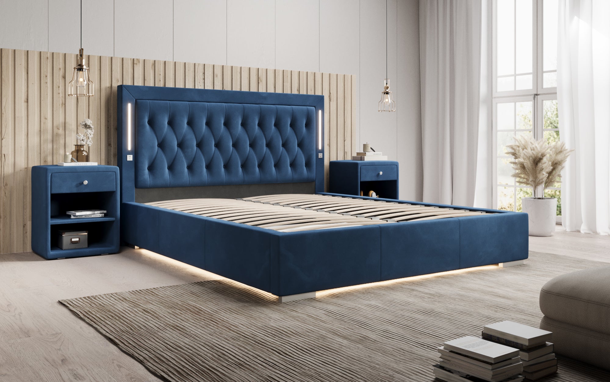 Designer Polsterbett Relina inkl. RGB, USB an Stauraum