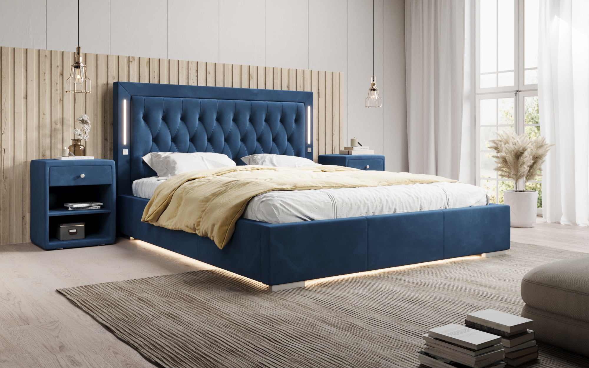 Designer Polsterbett Relina inkl. RGB, USB an Stauraum