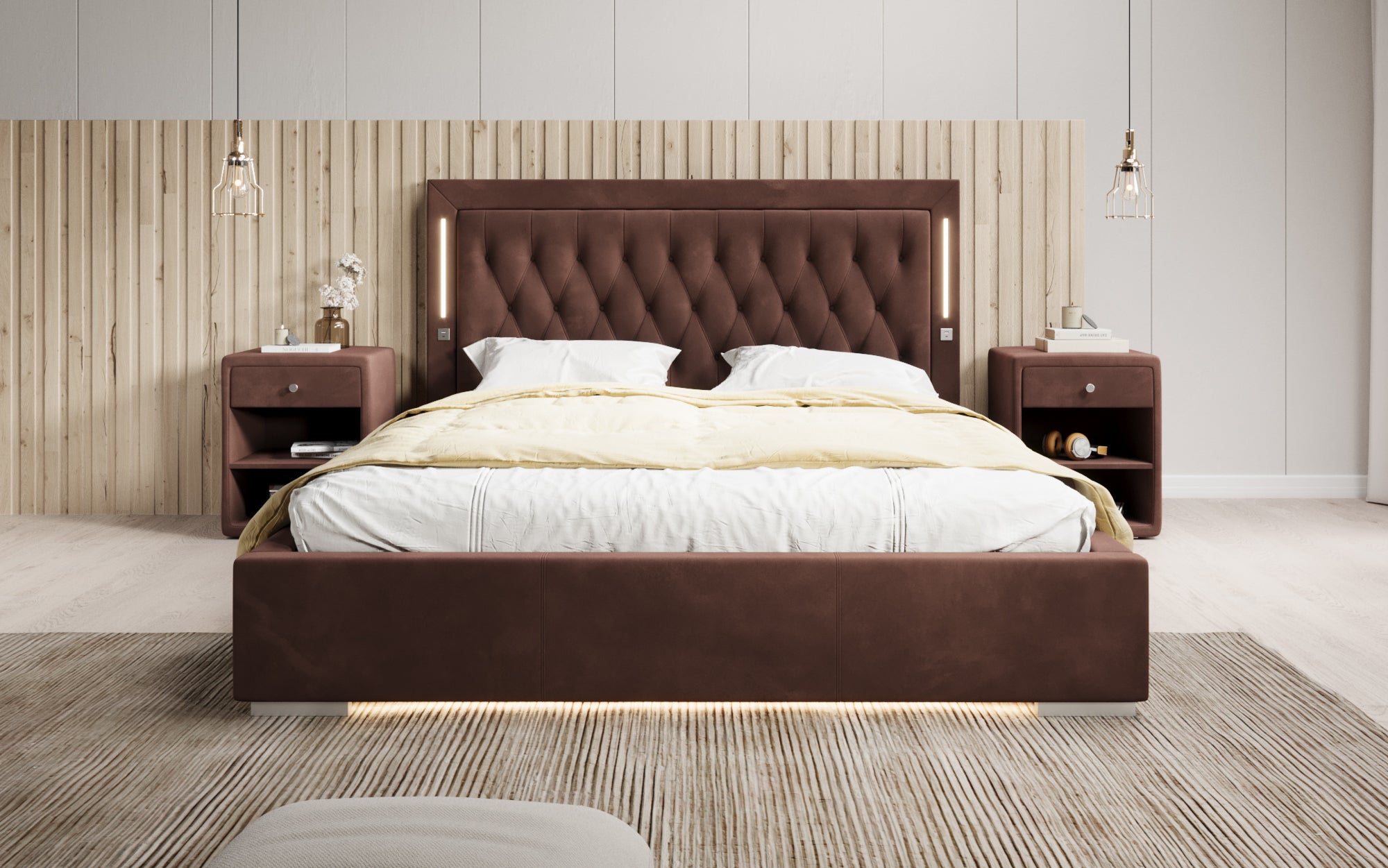 Designer Polsterbett Relina inkl. RGB, USB an Stauraum