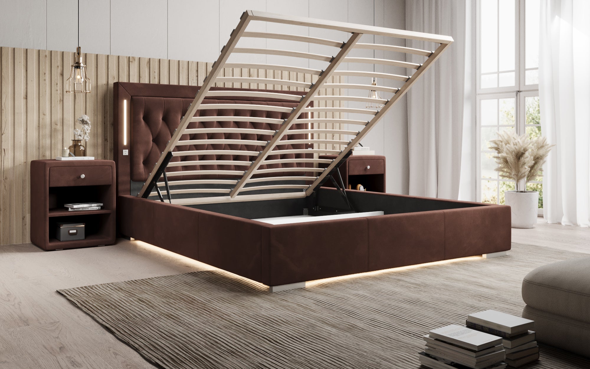Designer Polsterbett Relina inkl. RGB, USB an Stauraum