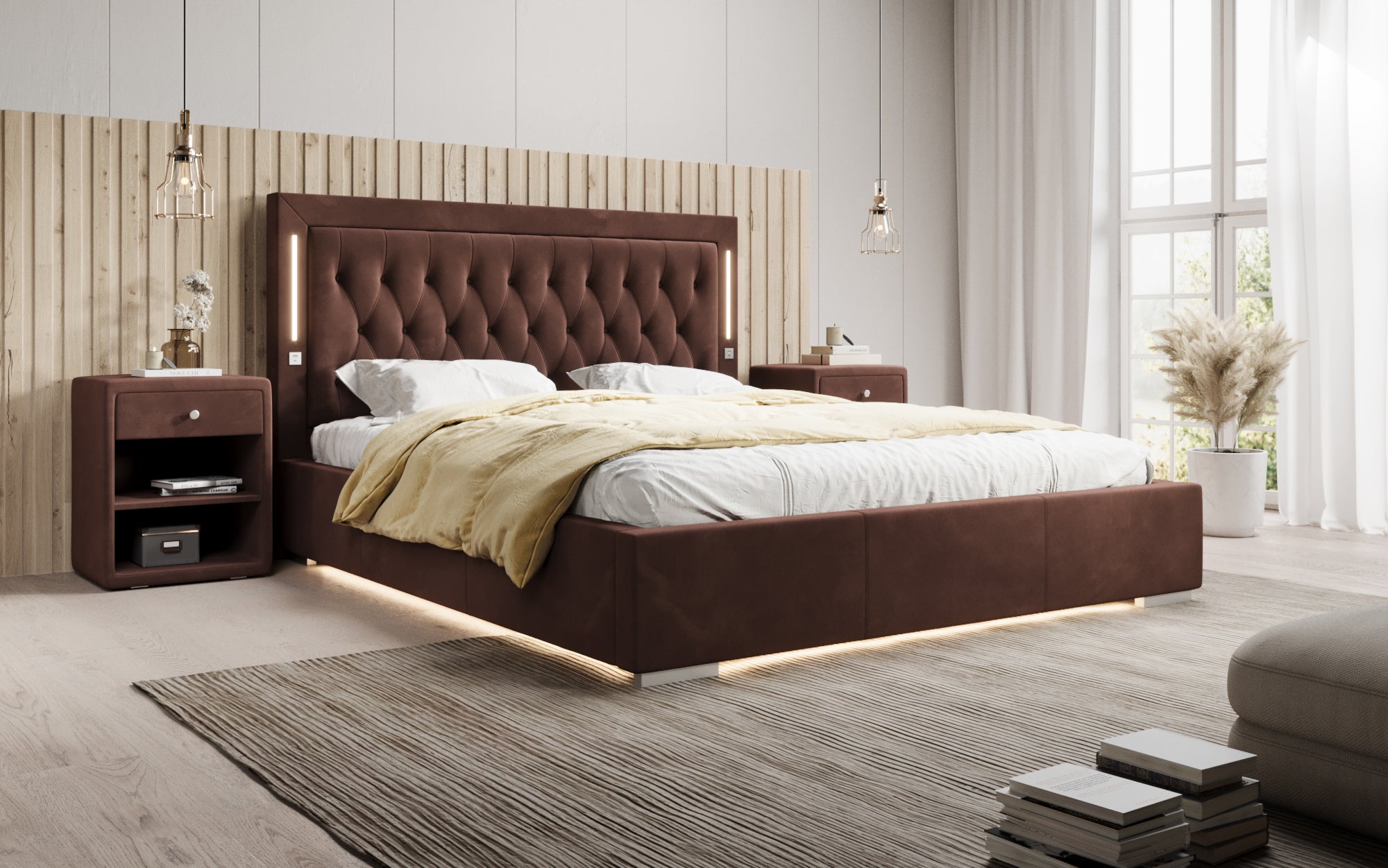 Designer Polsterbett Relina inkl. RGB, USB an Stauraum