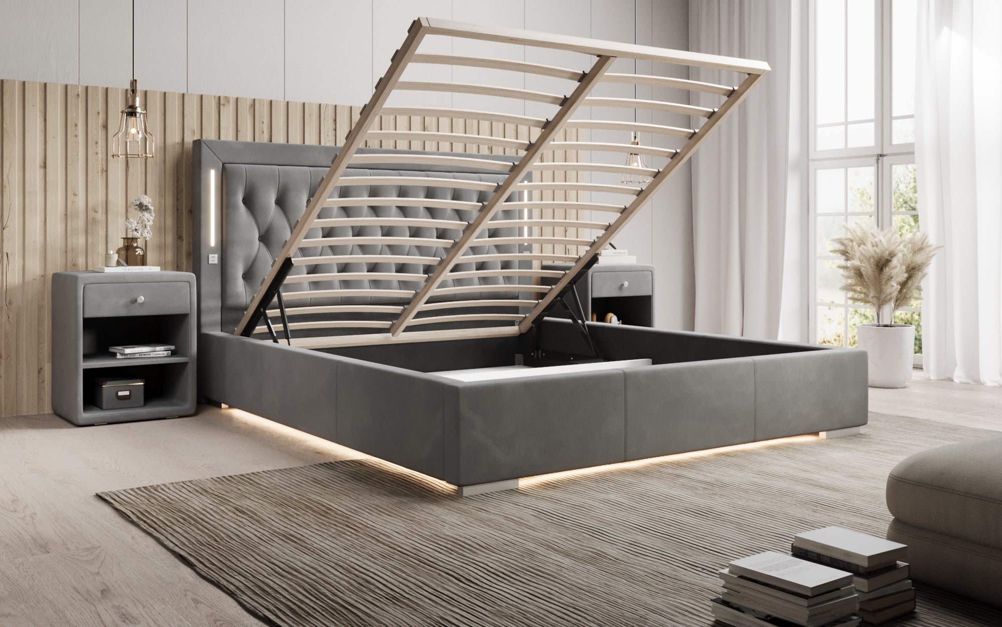 Designer Polsterbett Relina inkl. RGB, USB an Stauraum
