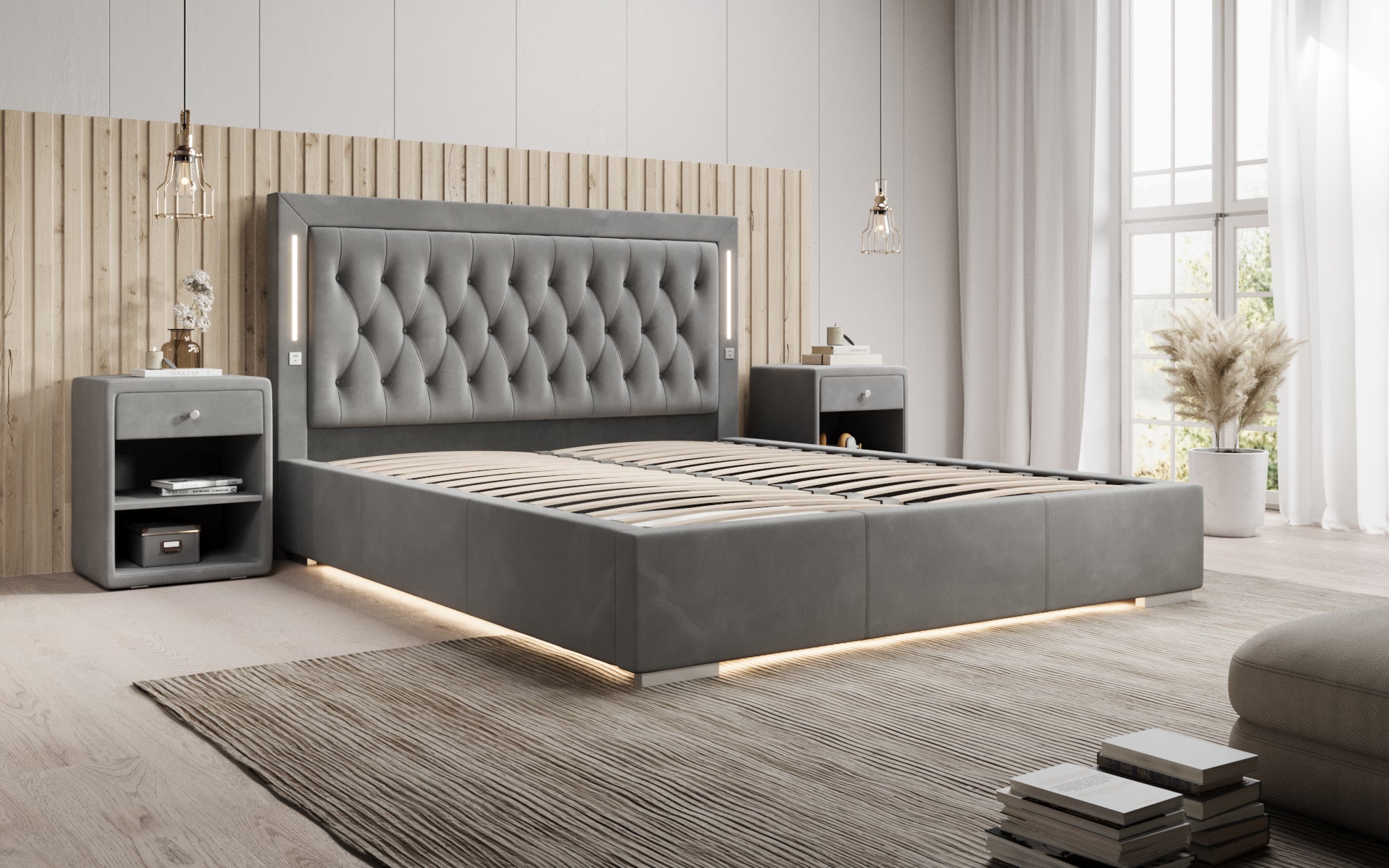 Designer Polsterbett Relina inkl. RGB, USB an Stauraum