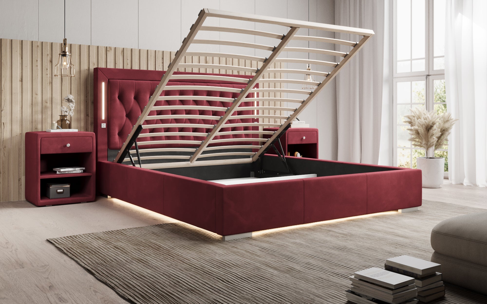 Designer Polsterbett Relina inkl. RGB, USB an Stauraum