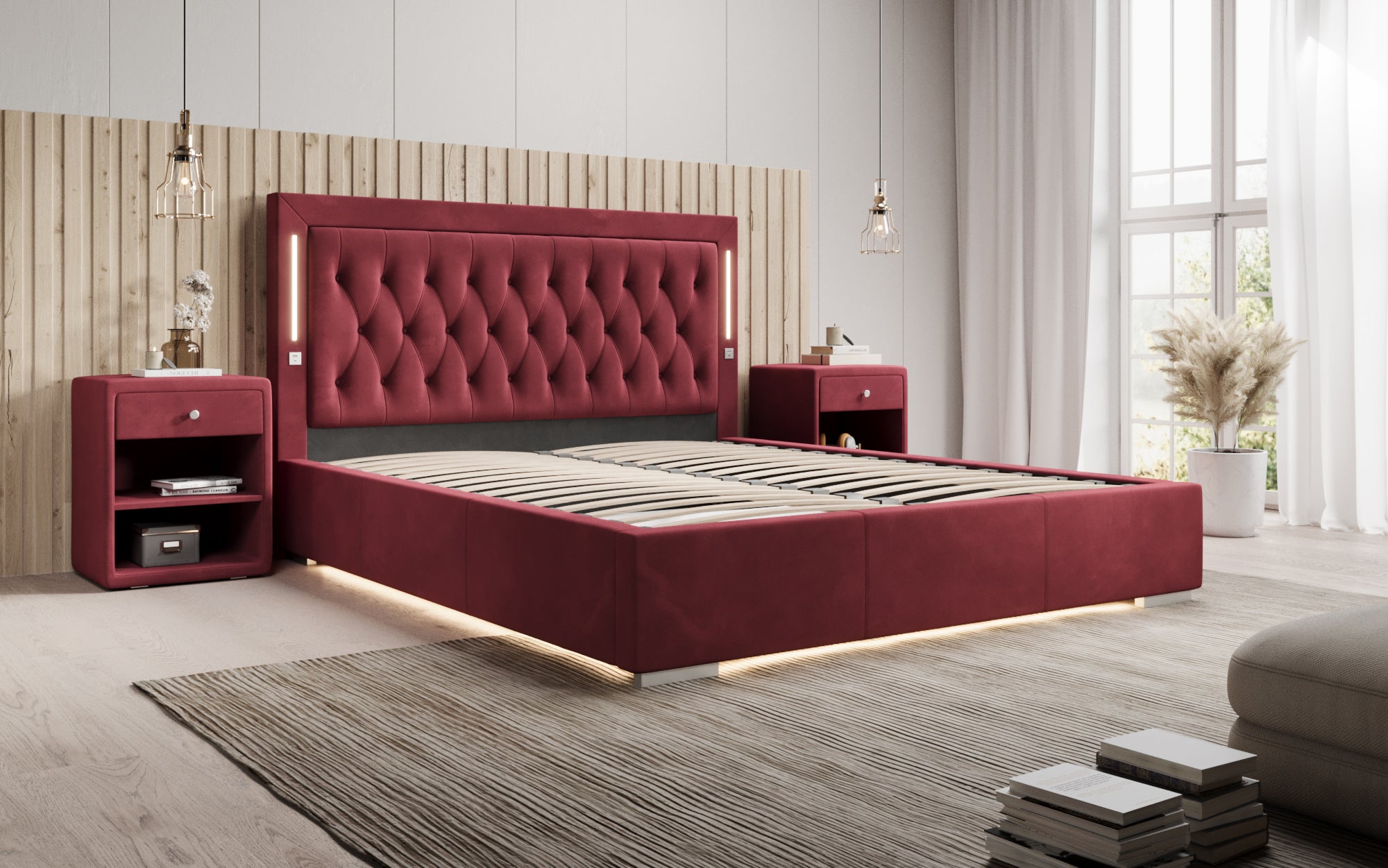 Designer Polsterbett Relina inkl. RGB, USB an Stauraum