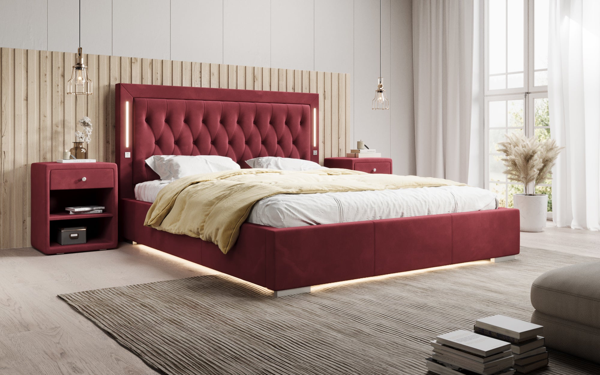 Designer Polsterbett Relina inkl. RGB, USB an Stauraum