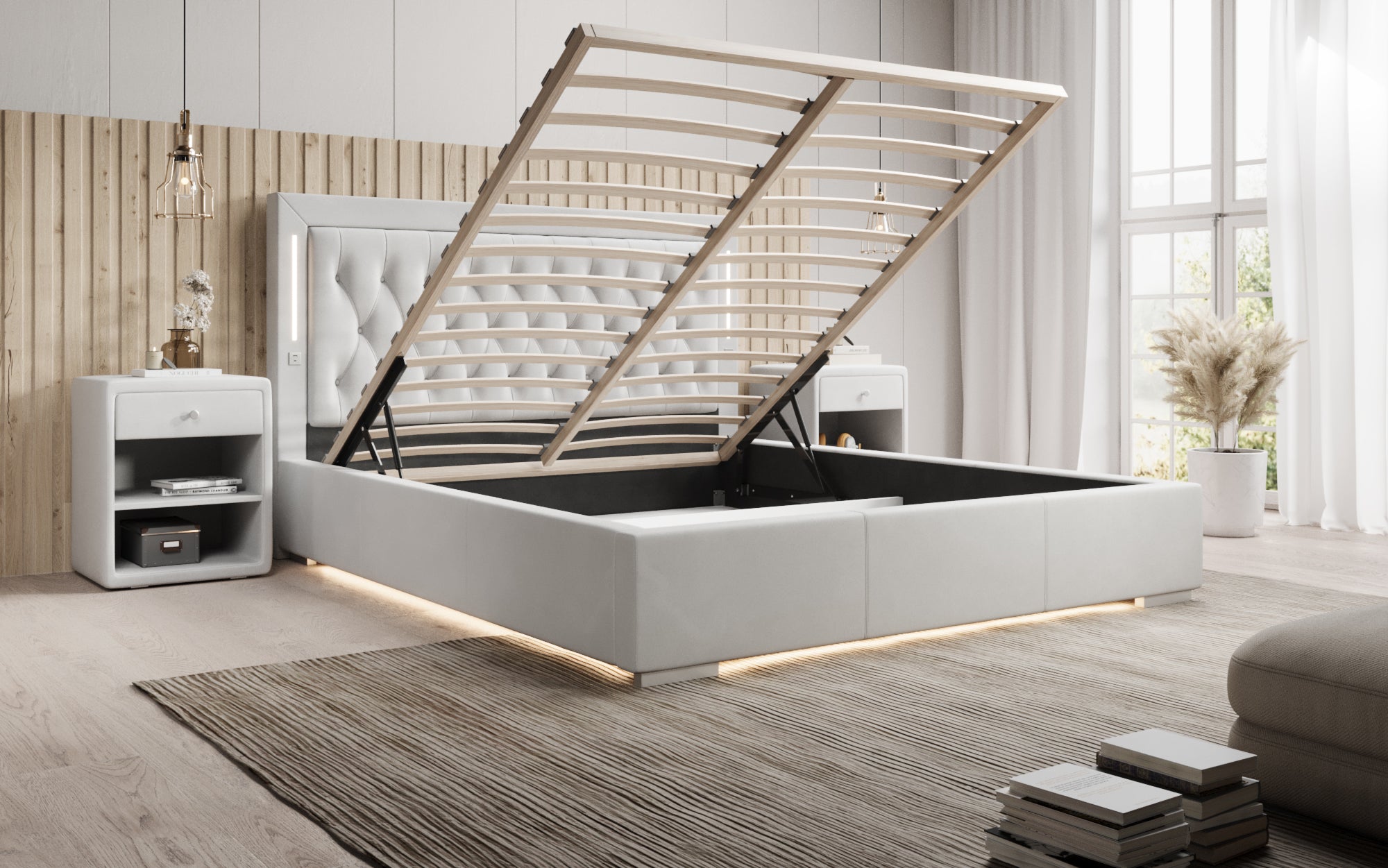 Designer Polsterbett Relina inkl. RGB, USB an Stauraum