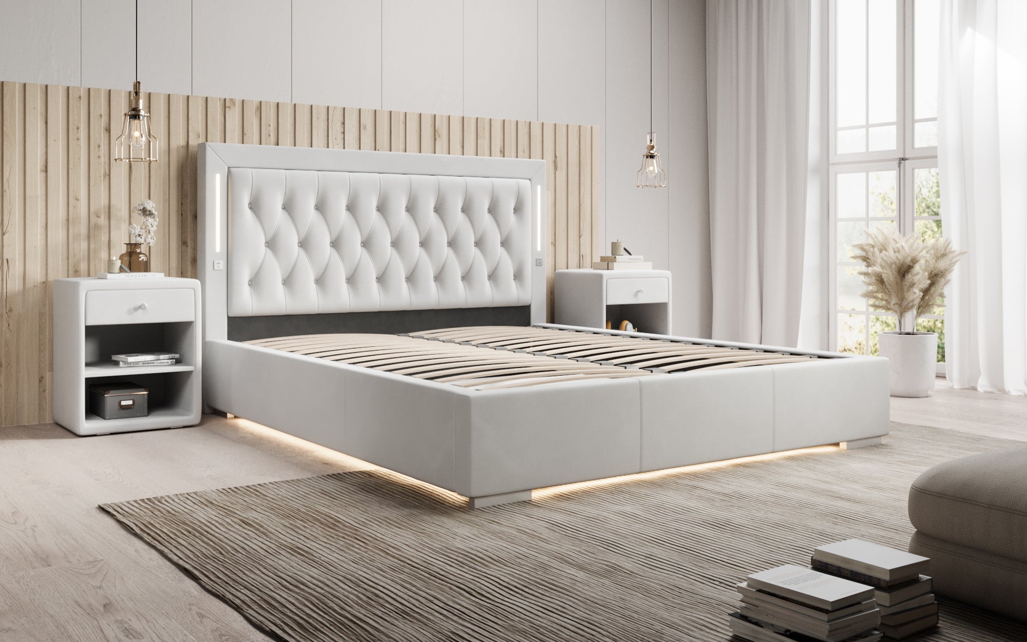 Designer Polsterbett Relina inkl. RGB, USB an Stauraum