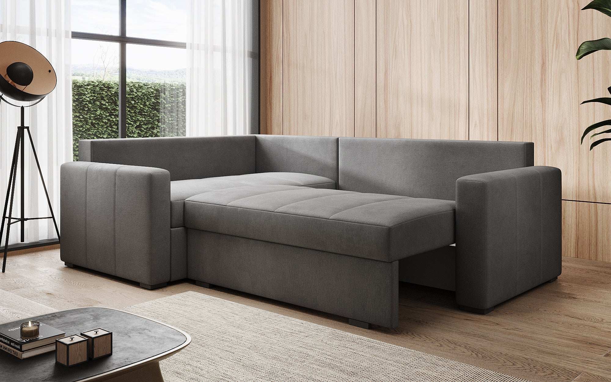 Designer Sofa Cortino mat Schlooffunktioun an Stauraum