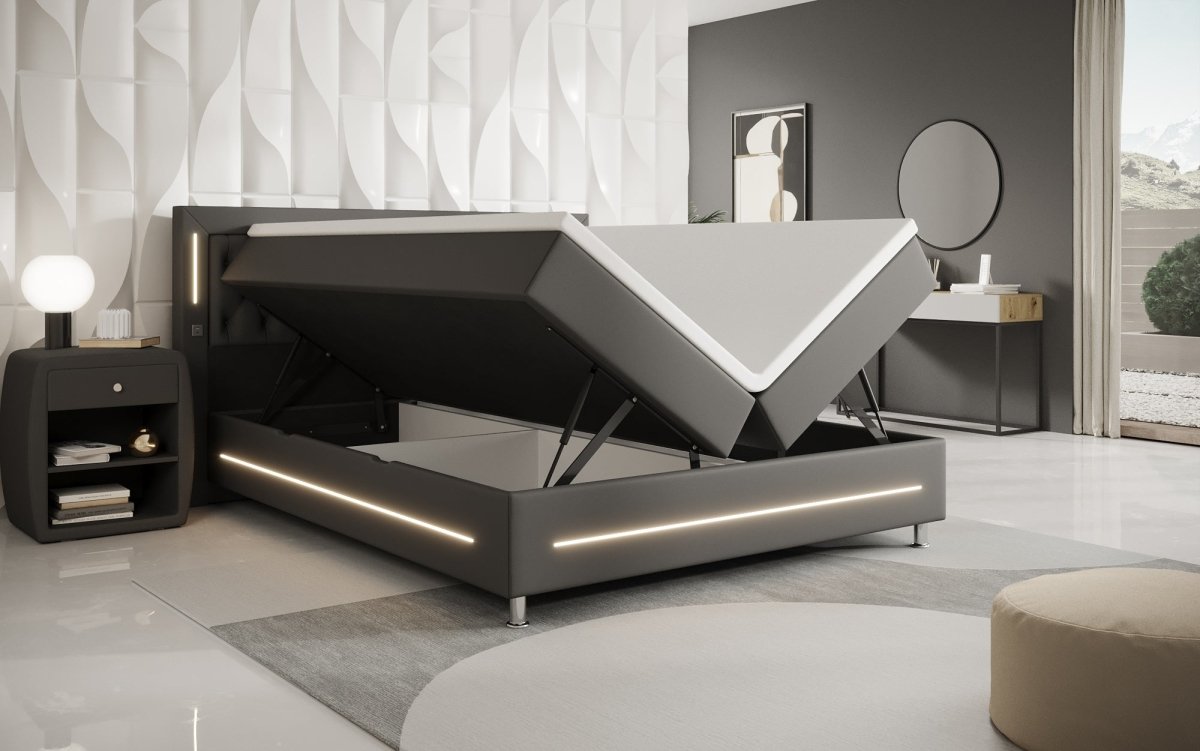 Boxspringbett Verdino mit RGB, USB und Stauraum - Luxusbetten24
