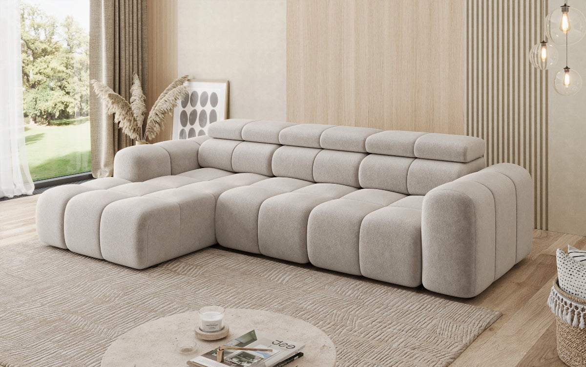 Designer sofa Mia L with electric seat extension in chenille