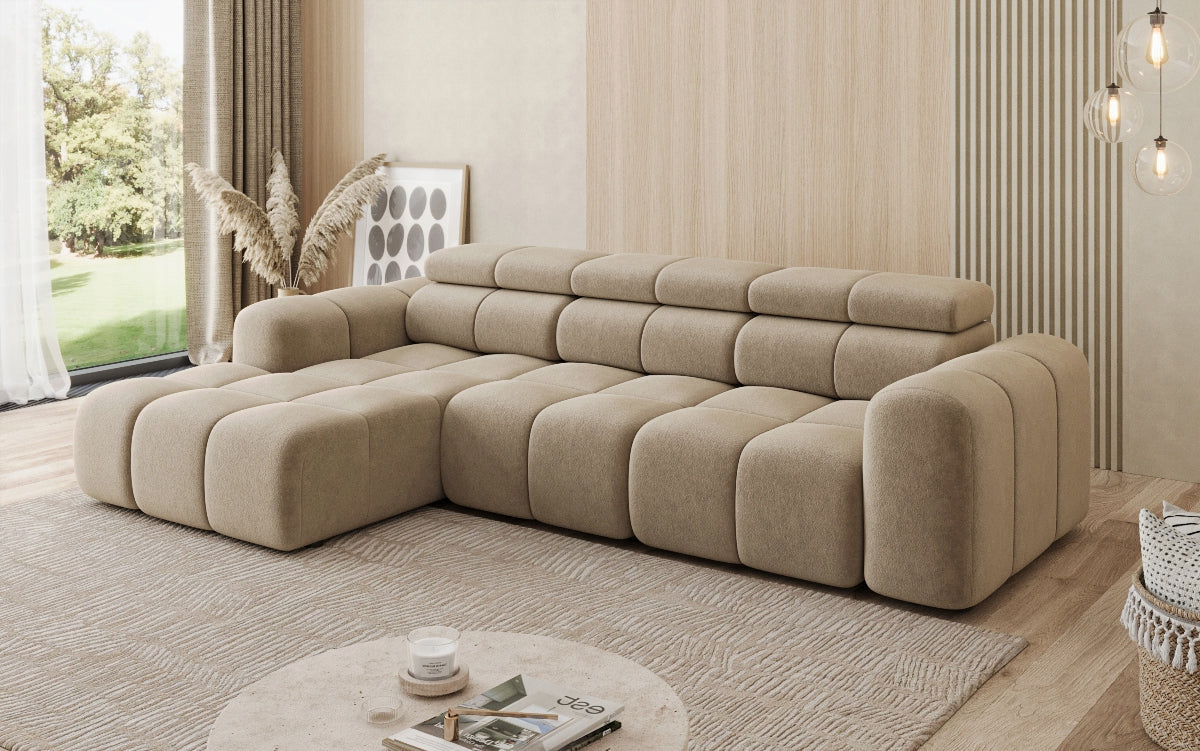 Designer sofa Mia L with electric seat extension in chenille