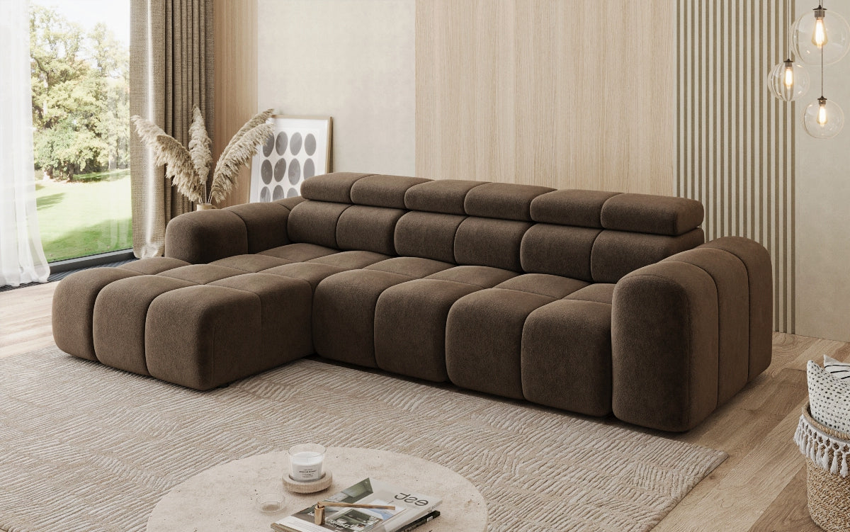 Designer sofa Mia L with electric seat extension in chenille
