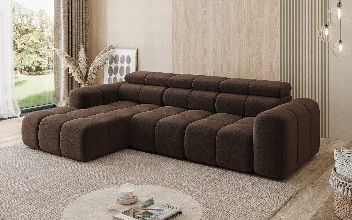 Designer sofa Mia L with electric seat extension in chenille