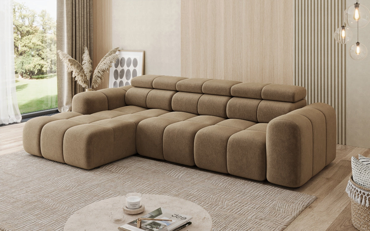 Designer sofa Mia L with electric seat extension in chenille