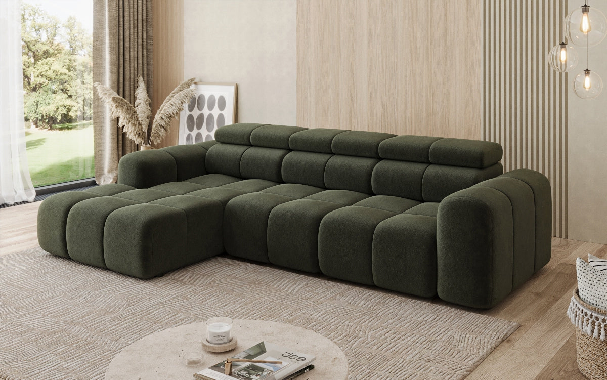 Designer sofa Mia L with electric seat extension in chenille