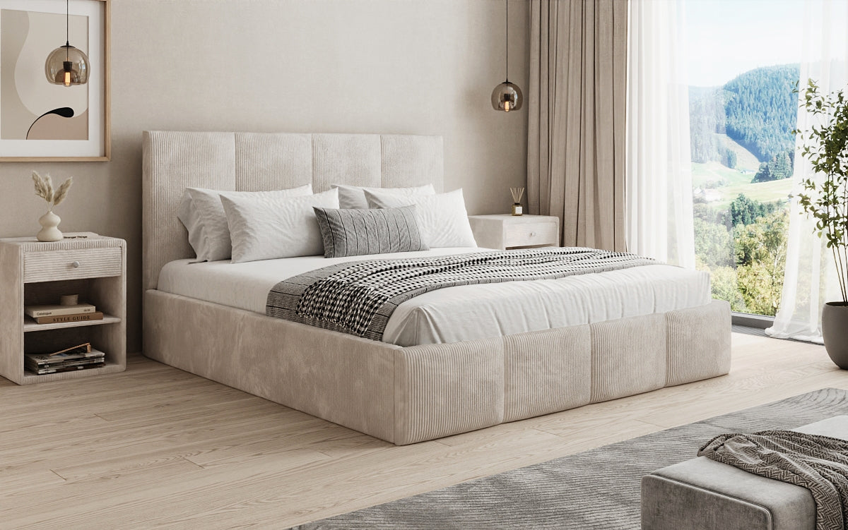 Designer Polsterbett Mina in Cord mit Stauraum