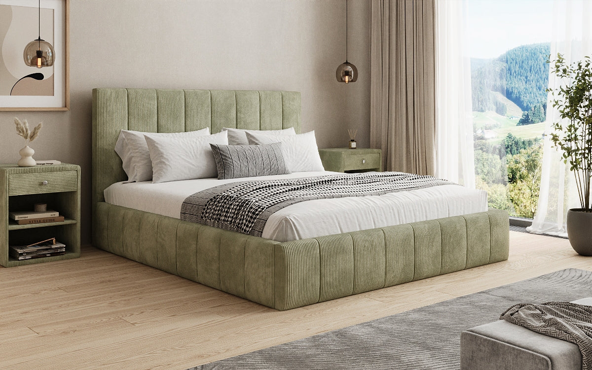 Lit rembourré design Maja en Côtelé avec espace de rangement
