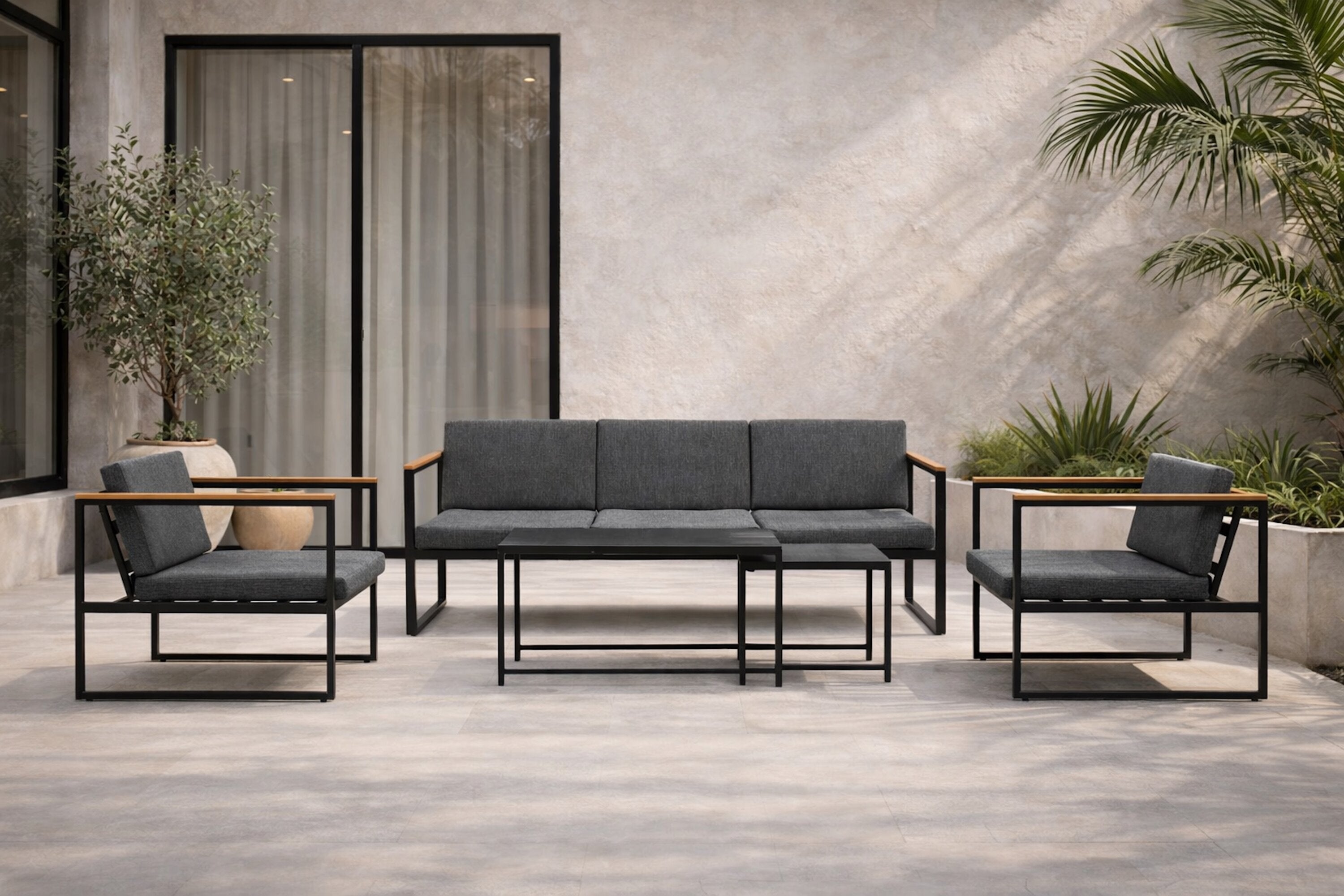 Loungeset Sunrise - aus schwarzem Stahl inkl. Glastischen