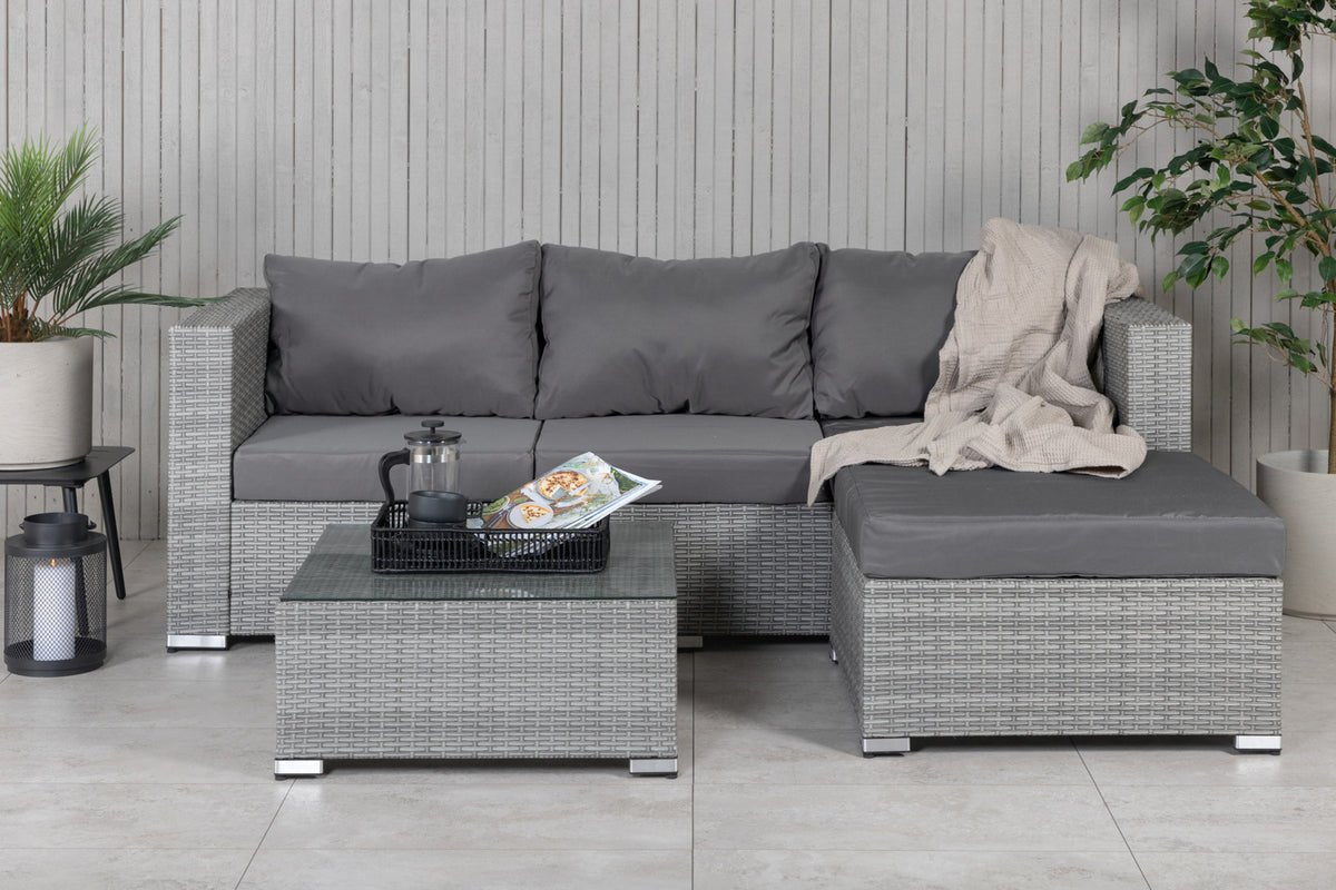 Ensemble lounge de jardin Amelia – canapé en polyrattan avec table et coussins gris