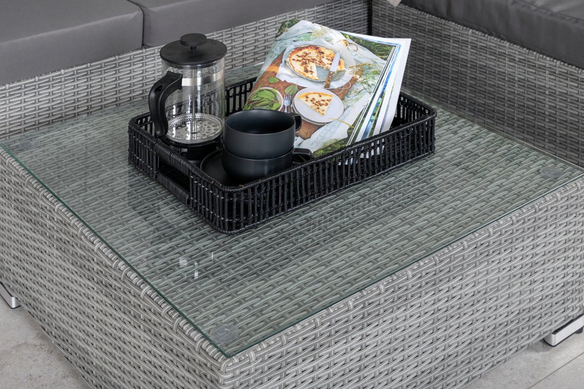 Ensemble lounge de jardin Amelia – canapé en polyrattan avec table et coussins gris