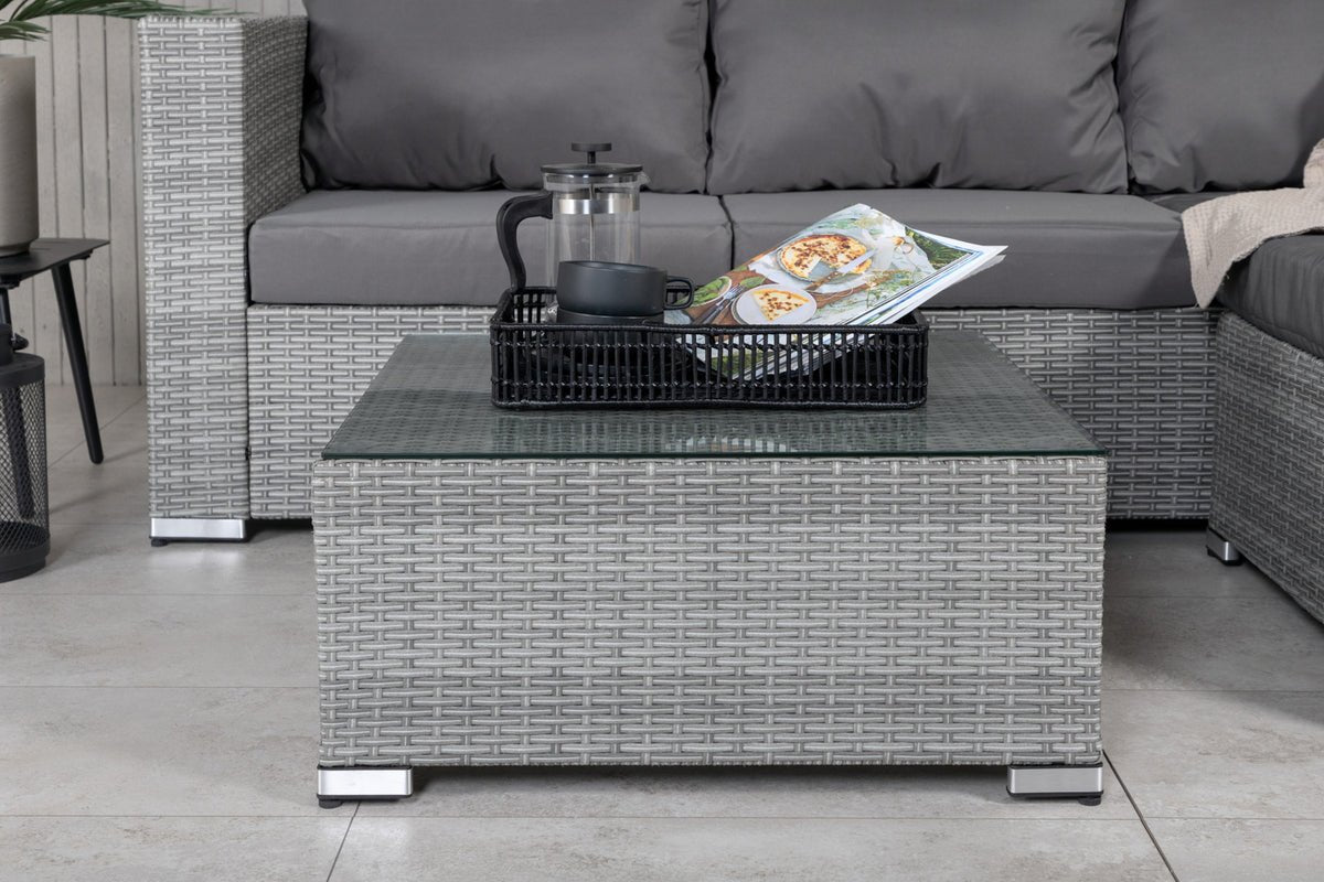 Ensemble lounge de jardin Amelia – canapé en polyrattan avec table et coussins gris