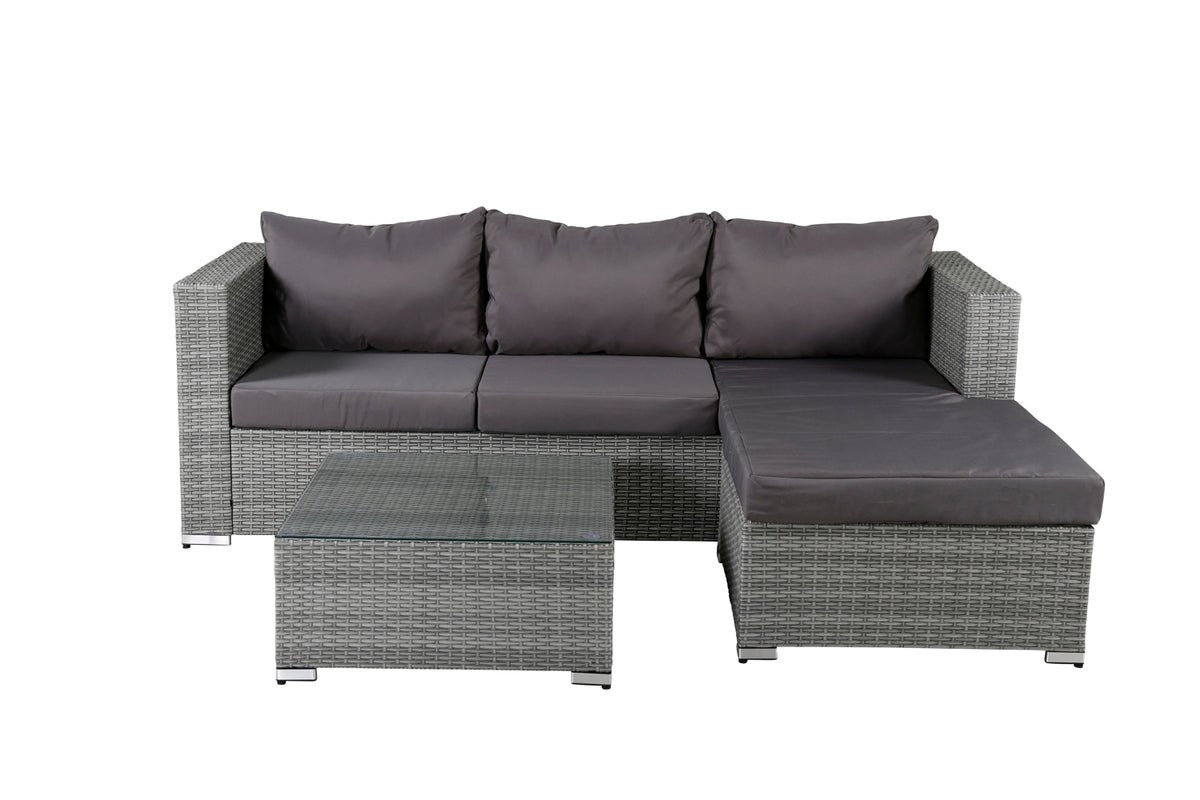 Ensemble lounge de jardin Amelia – canapé en polyrattan avec table et coussins gris