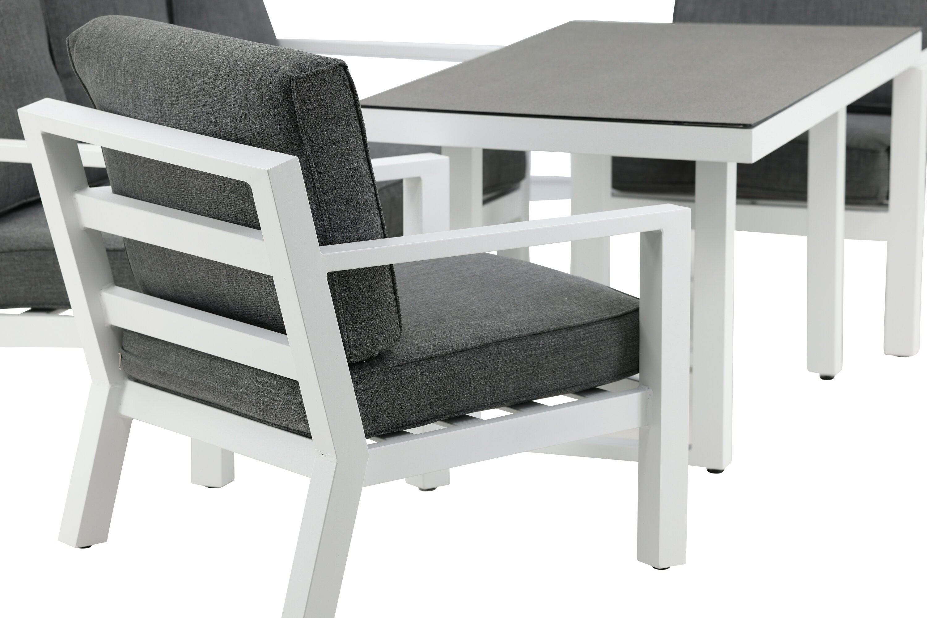 Ensemble lounge de jardin Jenni – en Blanc & Gris avec plateau en verre