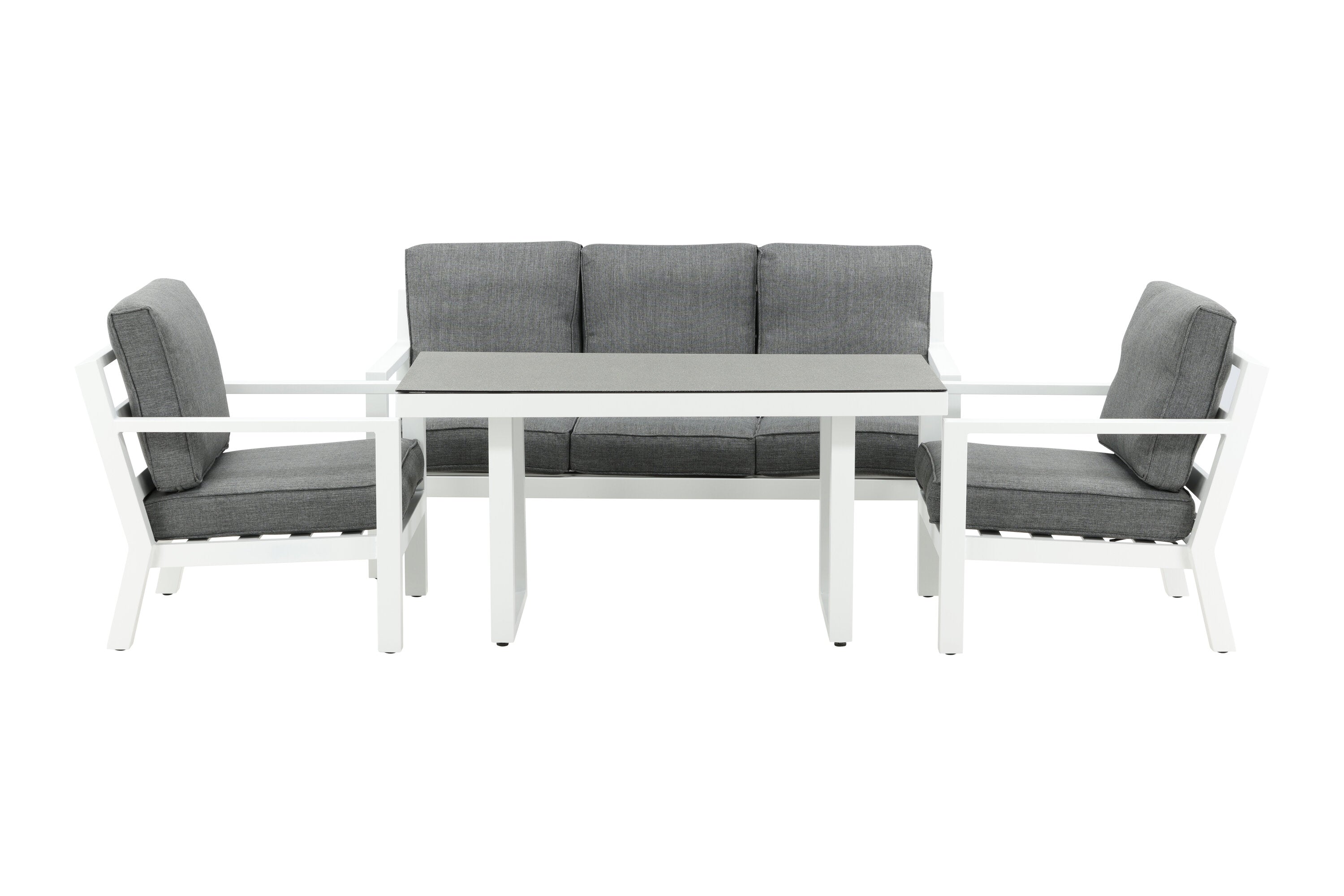 Ensemble lounge de jardin Jenni – en Blanc & Gris avec plateau en verre