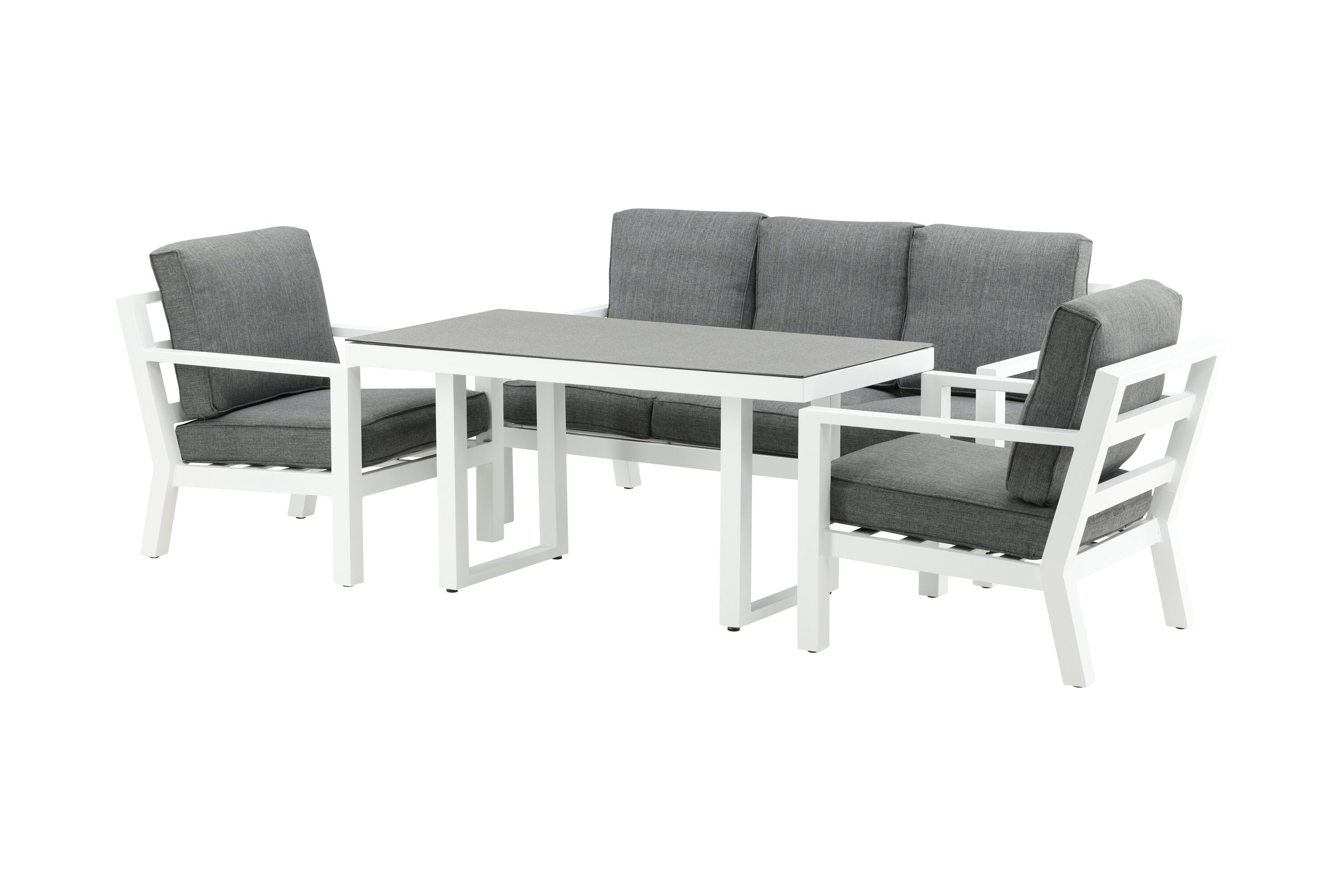 Ensemble lounge de jardin Jenni – en Blanc & Gris avec plateau en verre