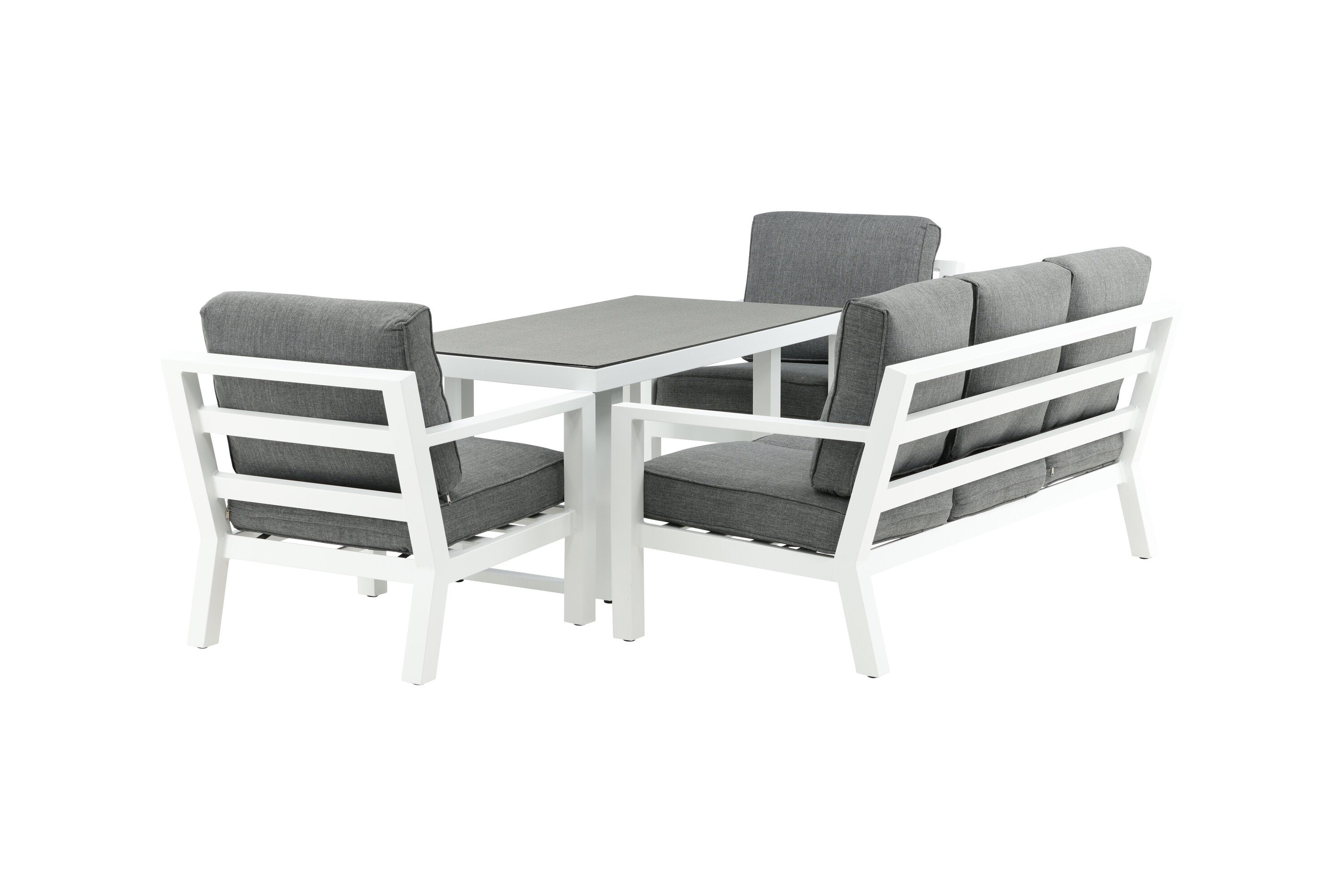 Ensemble lounge de jardin Jenni – en Blanc & Gris avec plateau en verre