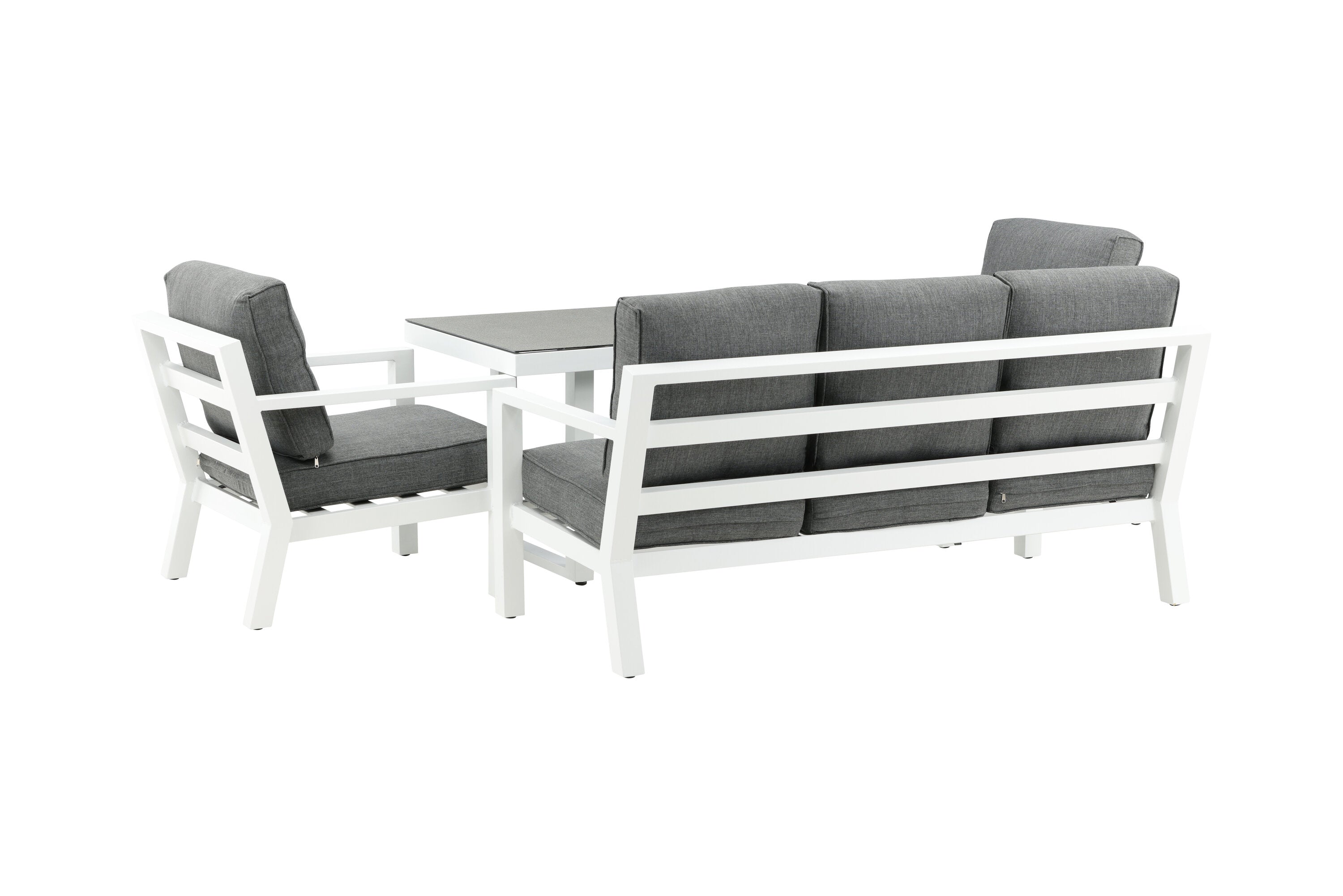 Ensemble lounge de jardin Jenni – en Blanc & Gris avec plateau en verre