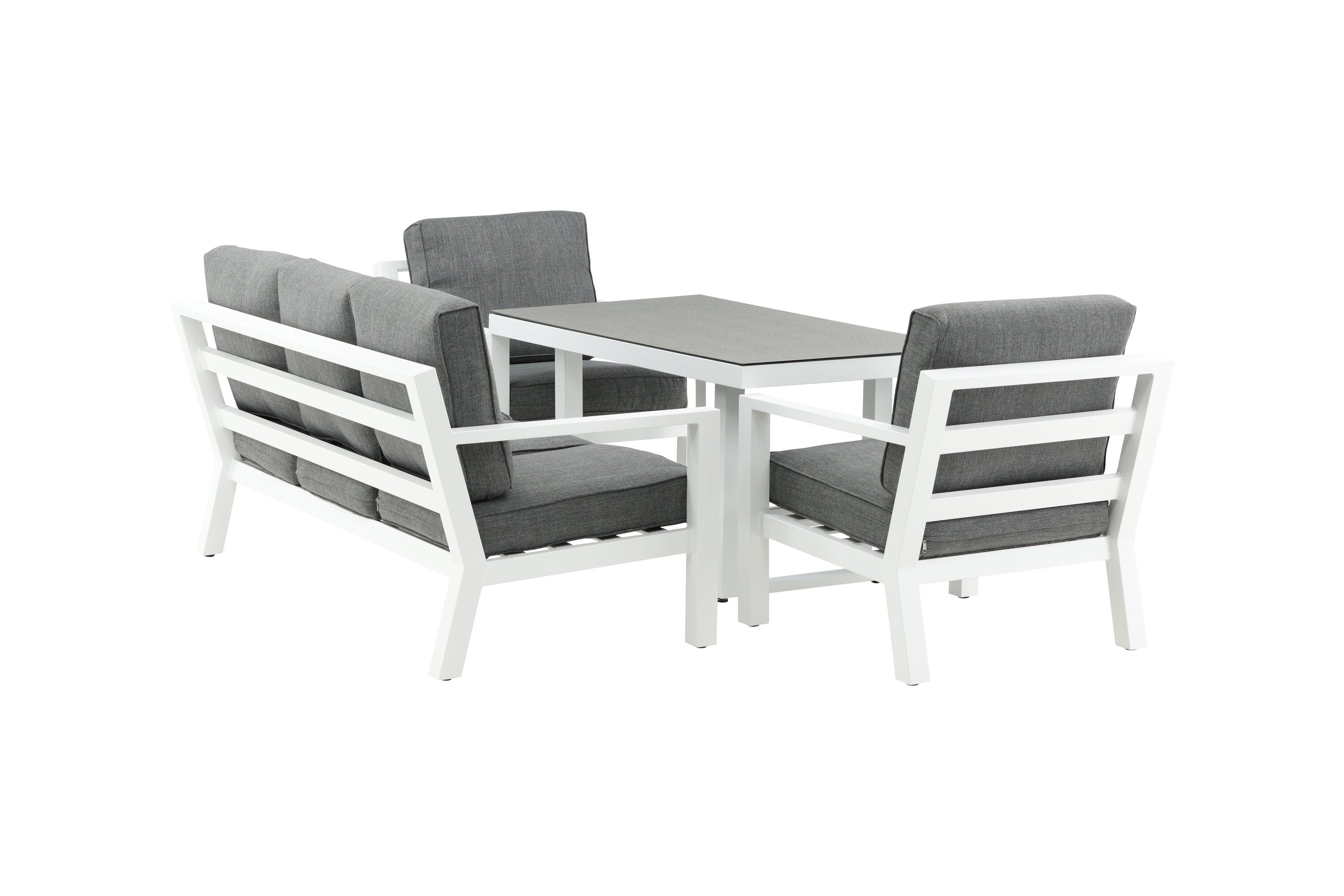 Ensemble lounge de jardin Jenni – en Blanc & Gris avec plateau en verre