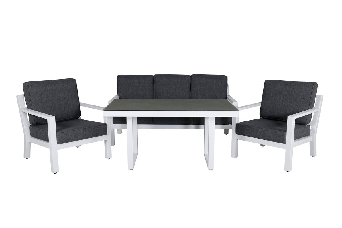 Ensemble lounge de jardin Jenni – en Blanc & Gris avec plateau en verre