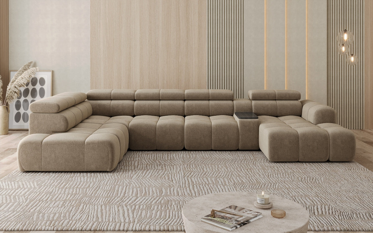 Designer sofa living area Mia with electric seat extension in chenille