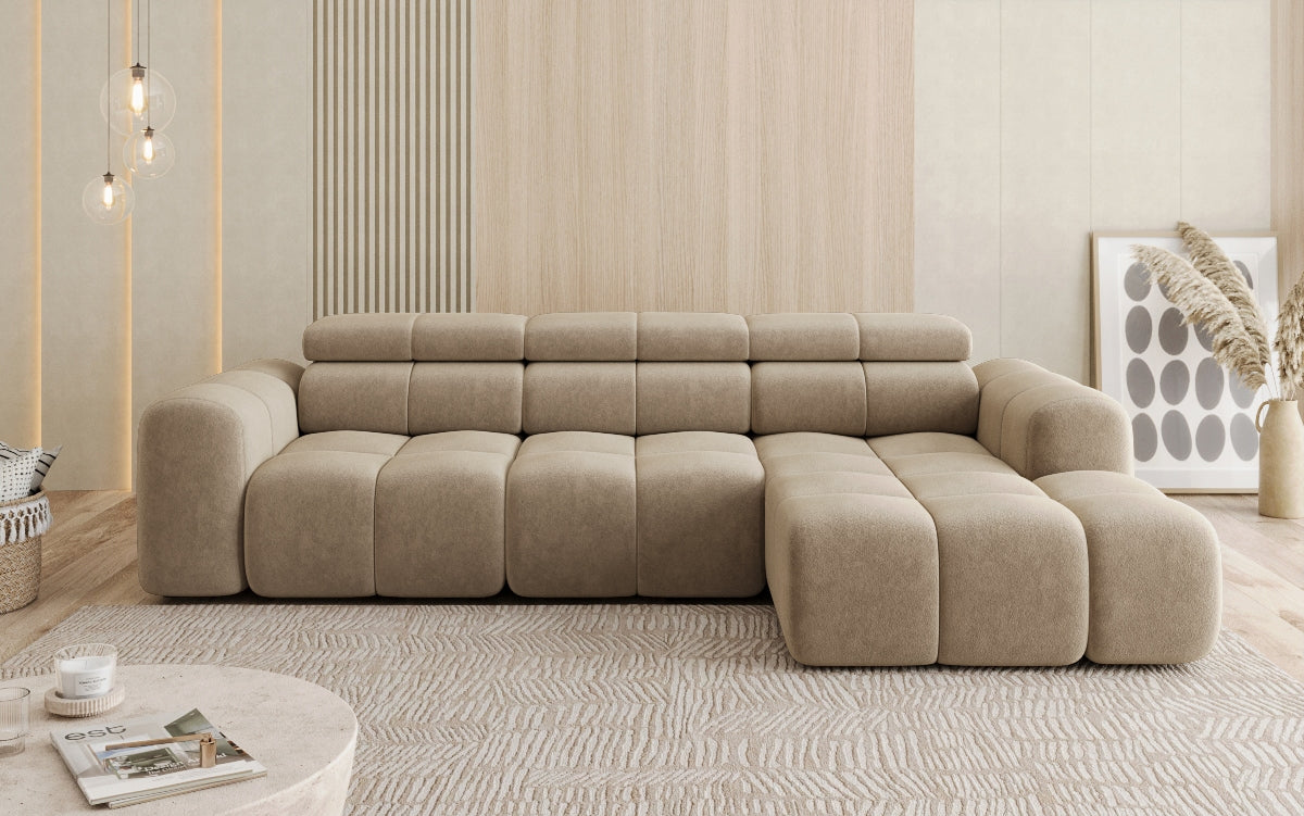 Designer sofa Mia L with electric seat extension in chenille