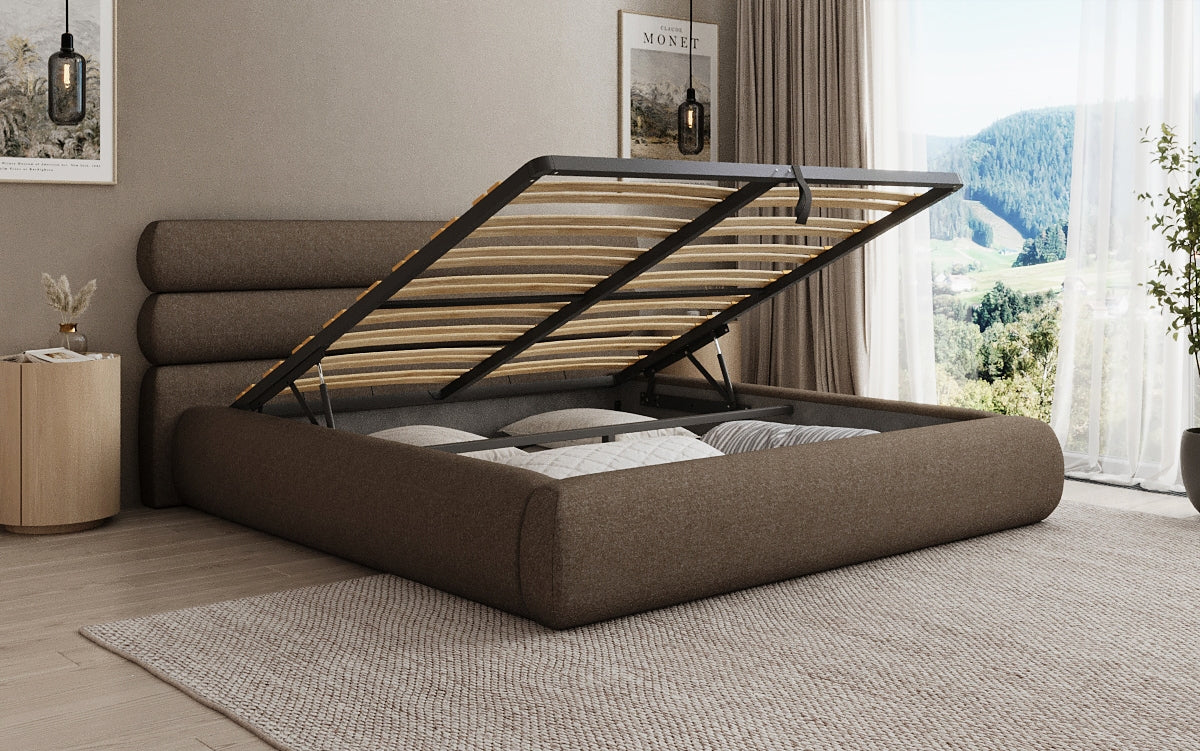 Lit rembourré design Joline en tissu structuré avec espace de rangement