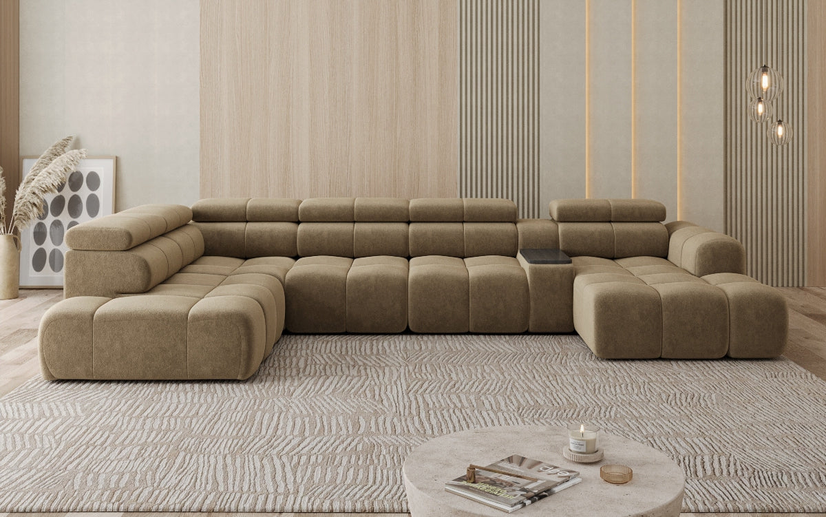 Designer sofa living area Mia with electric seat extension in chenille