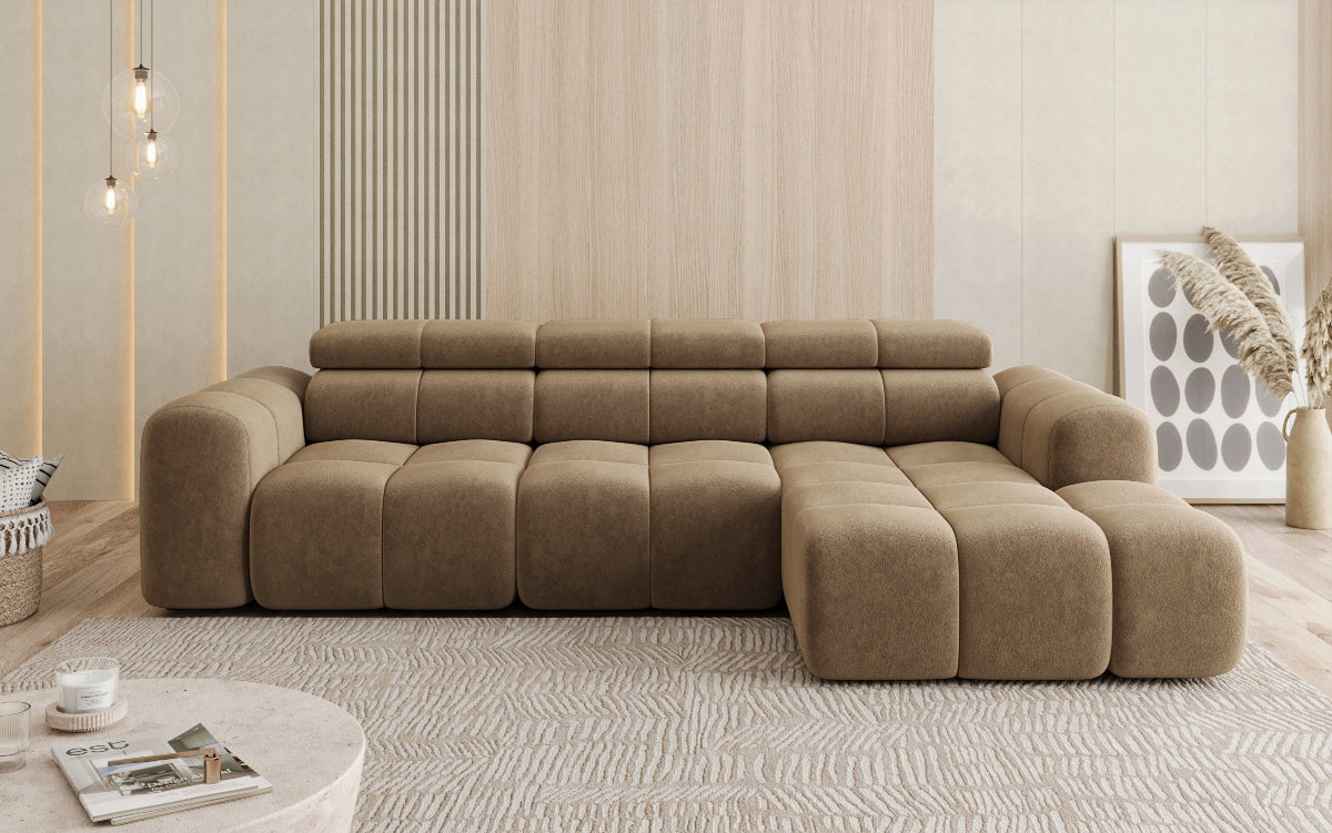 Designer sofa Mia L with electric seat extension in chenille