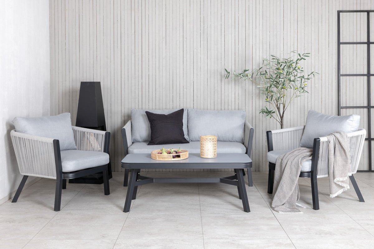 Ensemble lounge de jardin Mira – ensemble 4 pièces avec plateau en verre gris