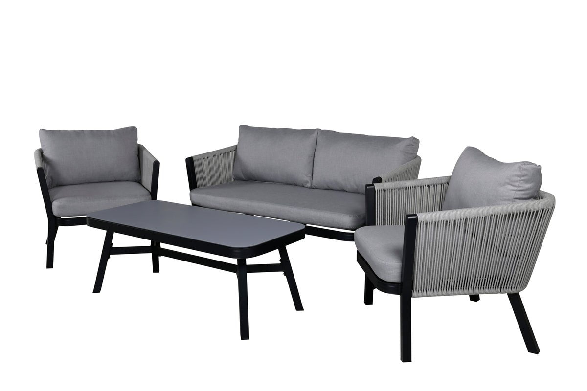 Ensemble lounge de jardin Mira – ensemble 4 pièces avec plateau en verre gris