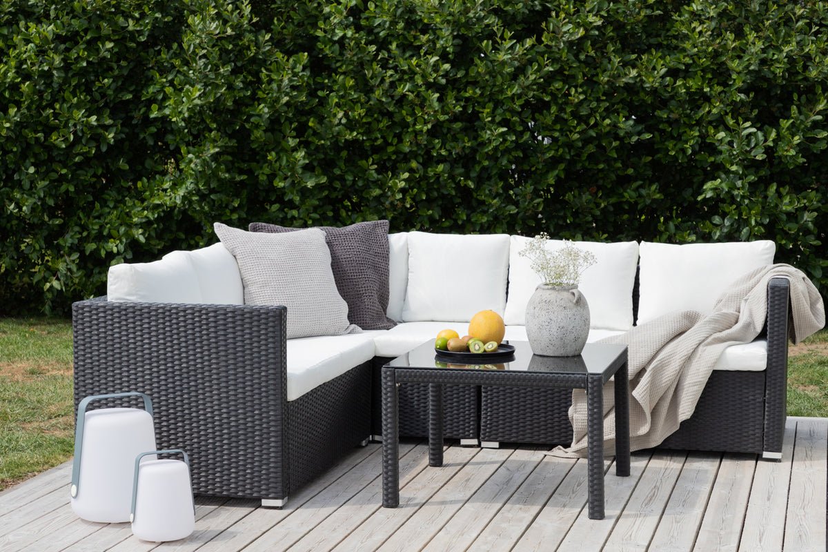 Ensemble lounge de jardin Liana – avec tissage noir et coussins blancs